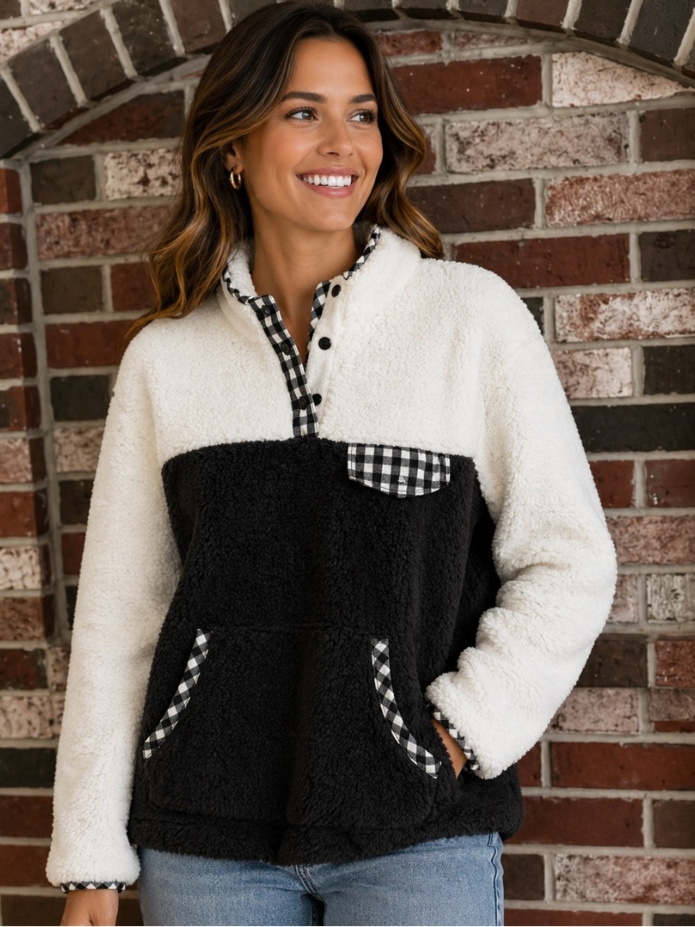 EMERY ROSE Black and White Fleece Gingham Detail Jacket S NWT